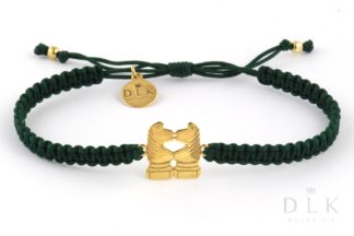 A string bracelet “Green macrame with golden horses jumps”