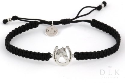 String bracelet “Black macrame with a silver horseshoe and a horse”