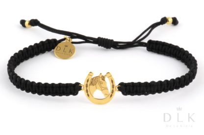 String bracelet “Black macrame with a golden horseshoe and a horse”