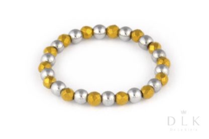 Pierścionek elastyczny ze srebrnych i złotych hematytów