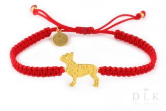 Bracelet with French bulldog golden on a red macrame