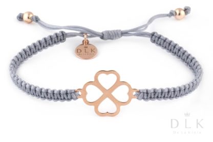 Bracelet “Four-leaf clover with Rose Gold hearts on a gray macrame string”