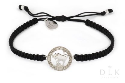 Silver bracelet with the sign of the zodiac Taurus on a black macrame