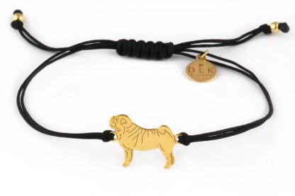 Bracelet with pug golden on a black string