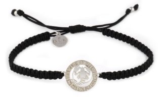 Silver bracelet with the sign of the zodiac CANCER on a black macrame