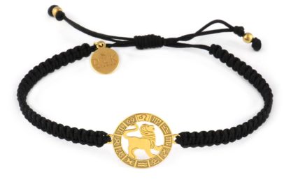 Bracelet with the sign of the zodiac LEO gold on a black macrame