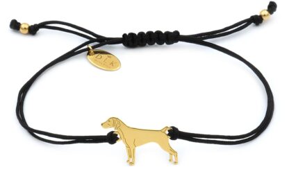 Bracelet with pointing dog golden on a black string