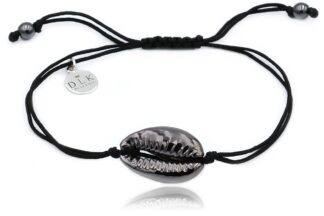A bracelet with a silver and black Kauri shell on a black string