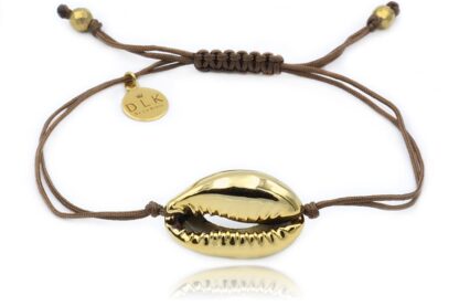 Bracelet with a golden Kauri shell on a brown string